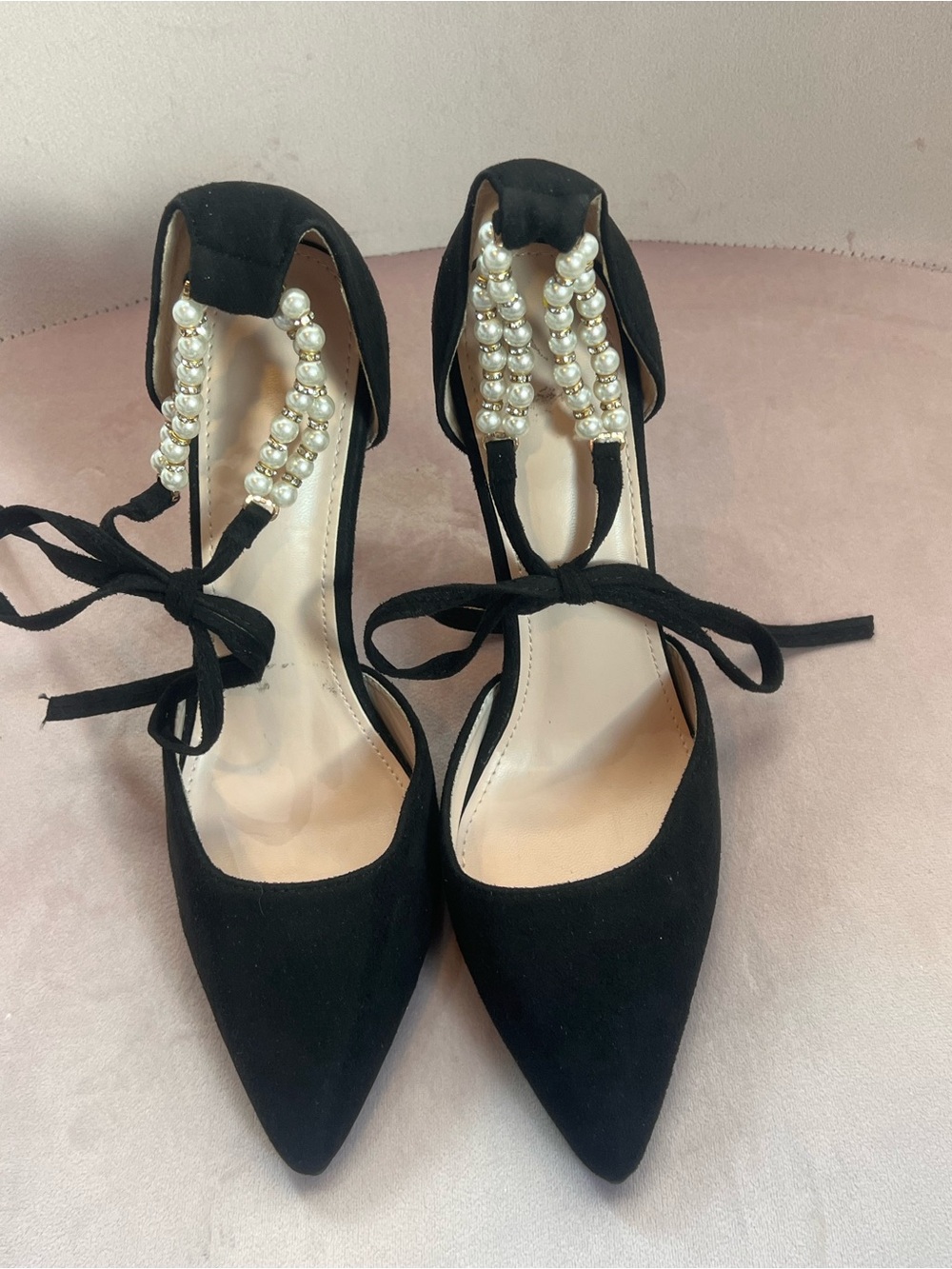 Elegant Black Pearl-Embellished Lace-Up Pumps